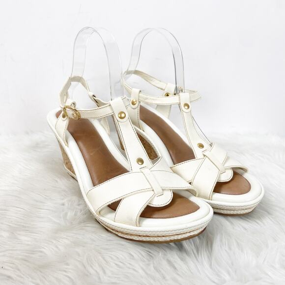 Nurture 10 M Womens White Leather Hawkins Ankle Strap Cork Wedge Sandals - Picture 1 of 8